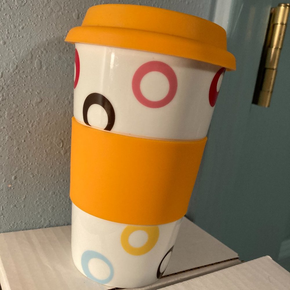 Hallmark Porcelain Travel Thermo Mug-Orange Silicone Lid&Hand Grip 14oz-Circles